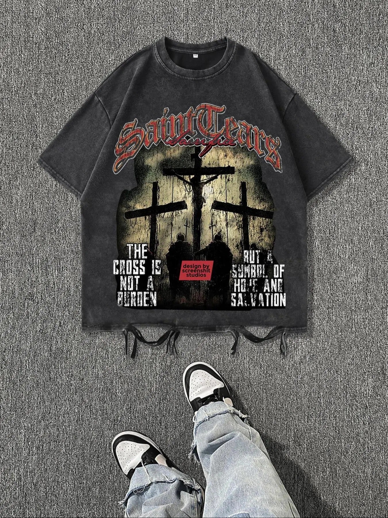 Men's Vintage Letters & Graphic Print Raw Hem Short Sleeve Tee, Casual Comfy Round Neck T-shirt for Summer, Menswear for...