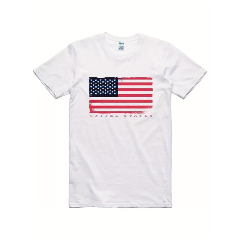 Men's Vintage USA Flag Cotton T-Shirt - Patriotic Print, Relaxed FitShort Sleeve, Casual Round Neck Tee