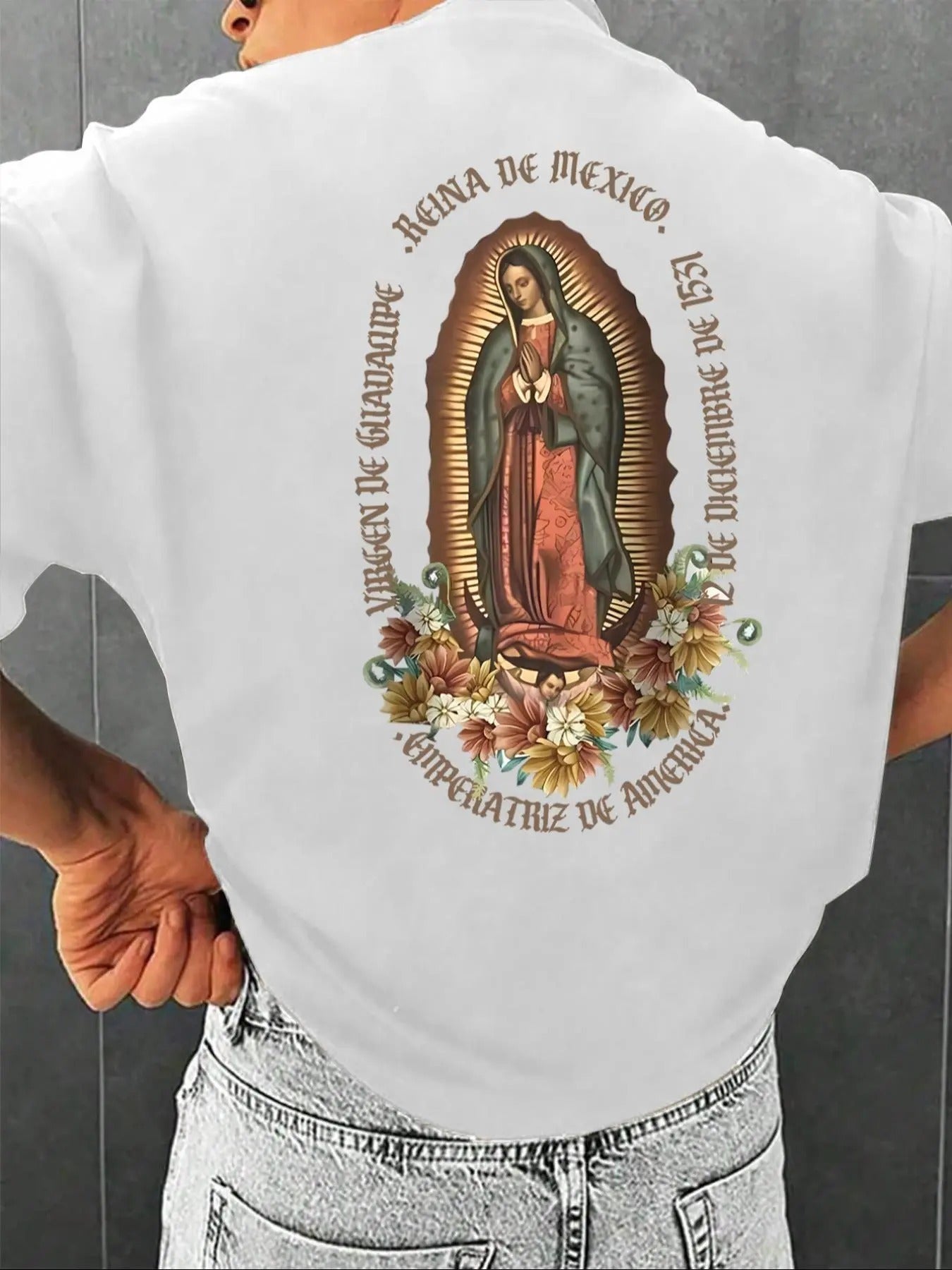 Men's Virgin Mary & Floral & Letter Print Drop Shoulder Tee, Regular Fit Casual Short Sleeve Round Neck T-Shirt for...