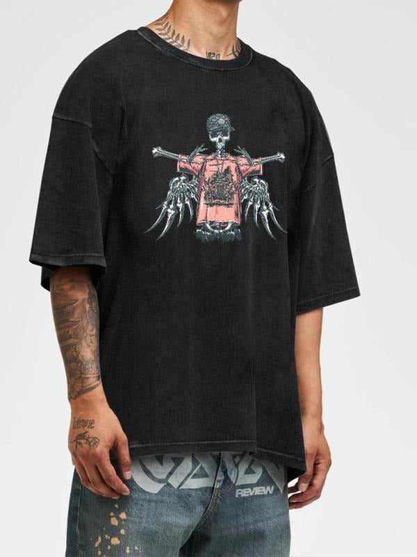 Men's Wing & Skeleton Print Short Sleeve Graphic Tee, Casual Comfy T-shirt for Summer, Fashion Men's Top for Daily Wear,...