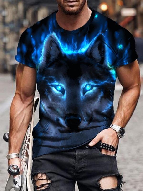 Men's Wolf Print Round Neck Tee, Regular Fit Casual Comfy Short Sleeve Crew Neck T-shirt for Summer, Fashion Men's Top...