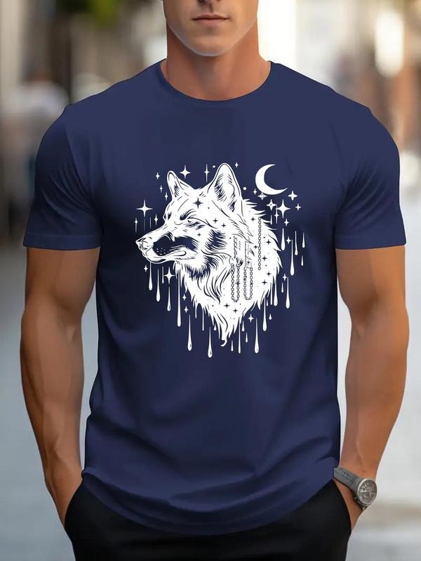 Men's Wolf Print Round Neck Tee, Regular Fit Casual Short Sleeve Crew Neck T-Shirt for Daily Wear, Men's Top for All...