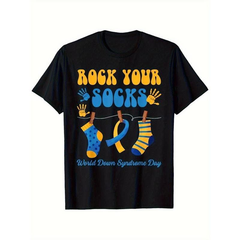 Men's World Syndrome Day Graphic T-Shirt - Rock Your Socks Design with Blue & Yellow Lettering & Sock Graphics - 100%...