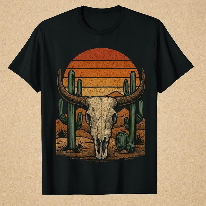 Men's graphic tees boys merch t shirt - Comfortable Fit, Slight Stretch, PatternedPrint Sunset Desert Skull