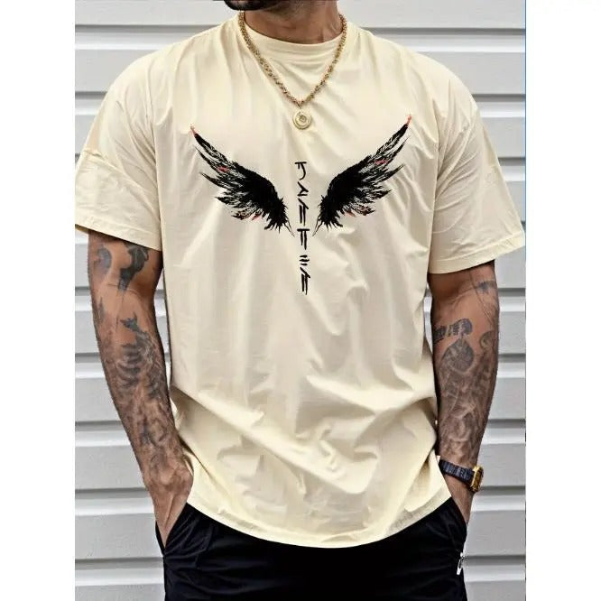 Mens Bold Wings Print T-shirt - Lightweight & Breathable, Casual Short Sleeve Crew Neck