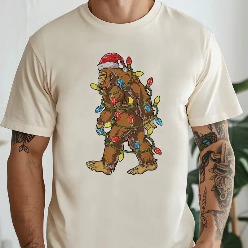 Mens Christmas Bigfoot Tee Funny Santa Bigfoot Christmas Sweatshirt Santa Sasquatch Tshirt Christmas Light Bigfoot...