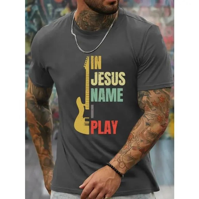 Mens Graphic Print T-Shirt - Crew Neck, Slight Stretch, Geometric Pattern, Polyester, Regular Fit, Casual Style, Short...