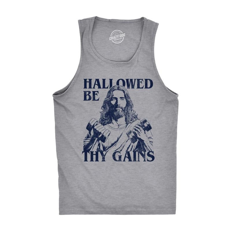 Mens Hallowed Be Thy Gains Fitness Tank Funny Sarcastic Jesus Graphic Novelty Sleeveless Tee for Men Funny Workout Shirt...