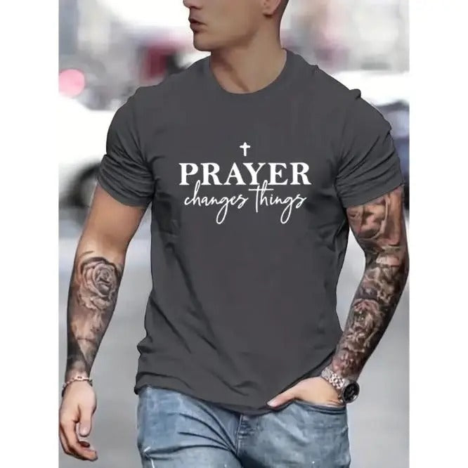 Mens Prayer Print Short Sleeve T-shirt - Lightweight & Breathable Crew Neck Design
