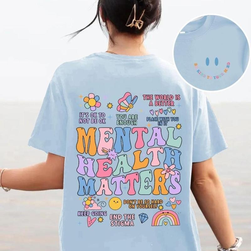 Mental Health Matters Slogan Streetwear Cartoon Smile Face & Letter Print Drop Shoulder Back School Clothes Lady Clothes All Seasons All T-Shirts, Hoodie, Sweatshirt