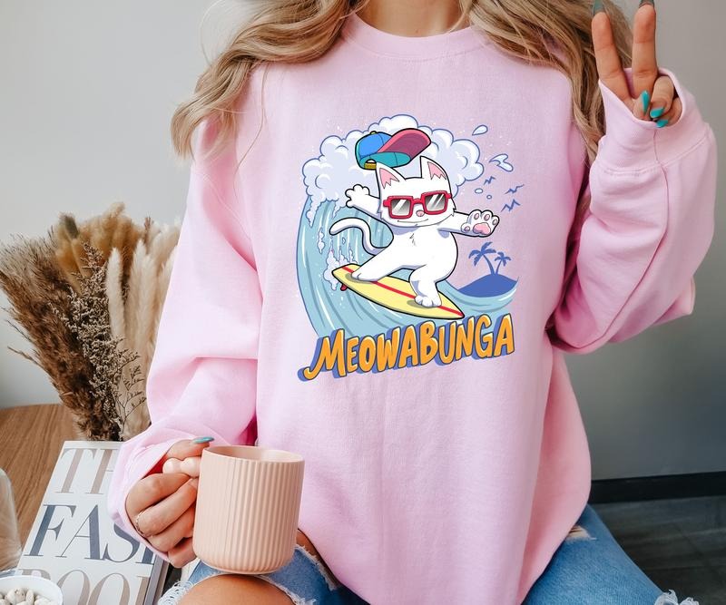 Meowabunga Crewneck Sweatshirt T-Shirts, Hoodie | HypeCrazeTee.com