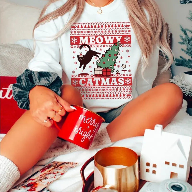 Meowy Catmas Sweatshirt, Ugly Cat Sweatshirt, Custom Catmas Christmas Sweatshirt, Funny Cat Lovers Gifts, Cute Meowy...