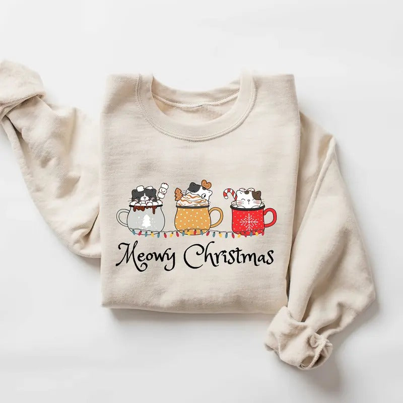 Meowy Christmas Cat Sweatshirt, Cat Lover Xmas Crewneck, Funny Christmas Cat Hoodie, Shirt For Cat Lover, Cat Mom...