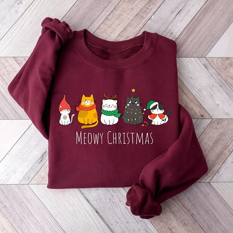 Meowy Christmas Cute Cat Xmas Sweatshirt Cat Lover Gift For Cat Mom Cat Dad Merry Christmas Sweatshirt T-Shirts, Hoodie