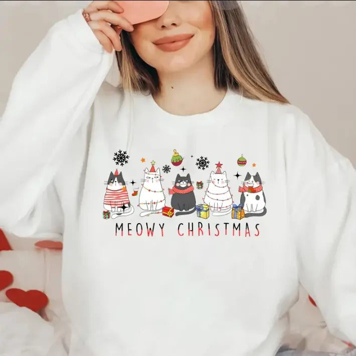 Meowy Christmas Shirt | Cat Lover Christmas Sweatshirt Hoodie | HypeCrazeTee.com