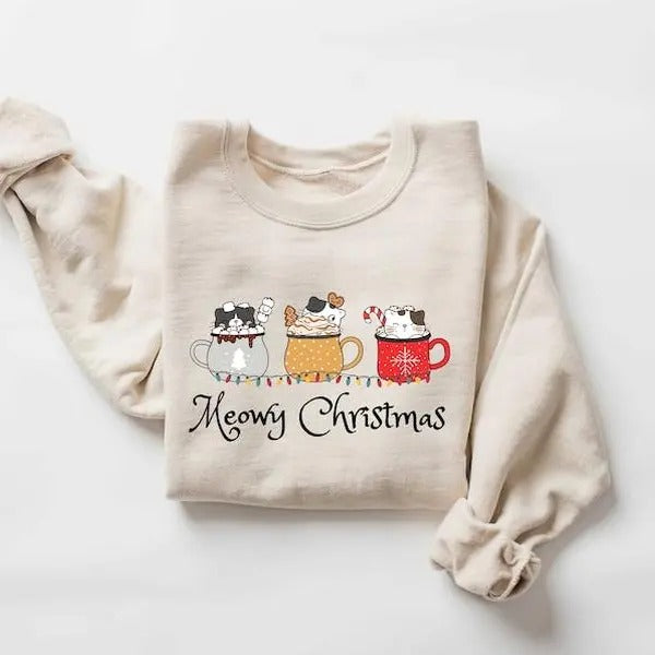 Meowy Christmas Sweatshirt,Happy Cat Year Funny Christmas Cat Sweat, Sweatshirt,Cats Sweatshirt, Cat Lover Christmas...