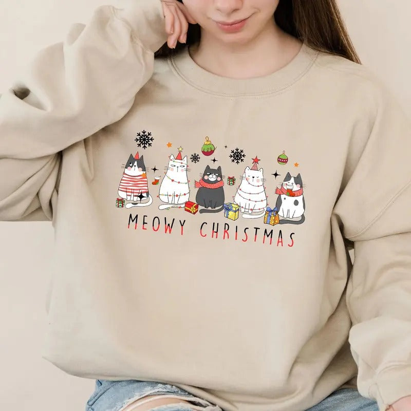 Meowy Christmas Vibes Unisex T-Shirt - Medium-Heavy Fabric, Loose Fit - Pullover Hoodie, Sweatshirt | HypeCrazeTee.com