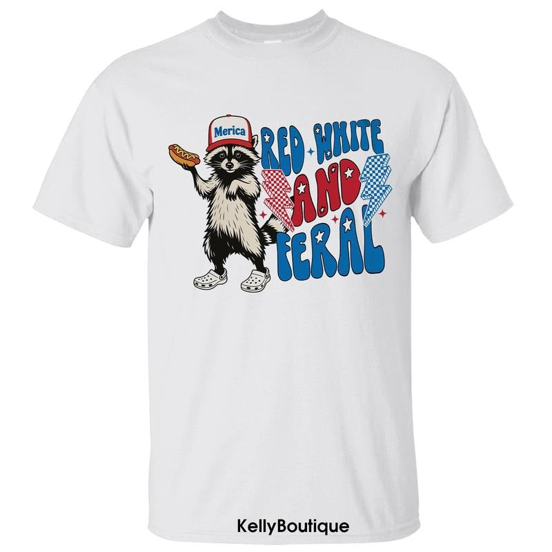 Merica Raccoon Red White and Feral 4th Of July America Flag T-Shirt, Independence Day Patriotic Front Sided Design Unisex...