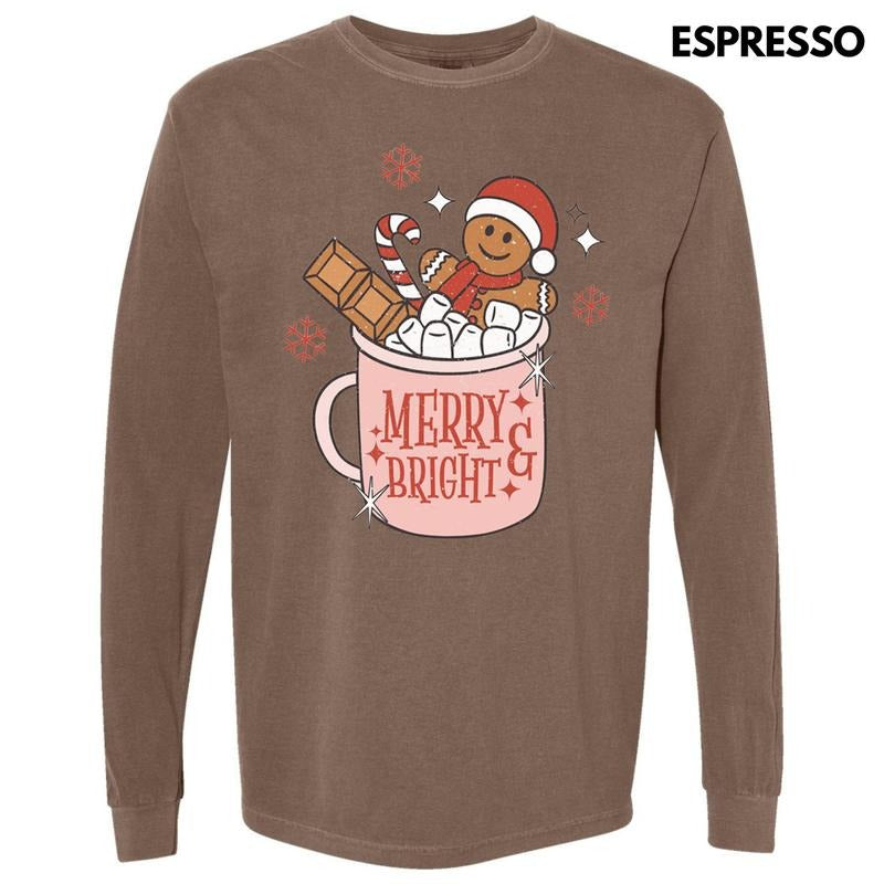 Merry & Bright Gingerbread Long Sleeve Comfort Colors T-Shirt Hoodie, Sweatshirt | HypeCrazeTee.com