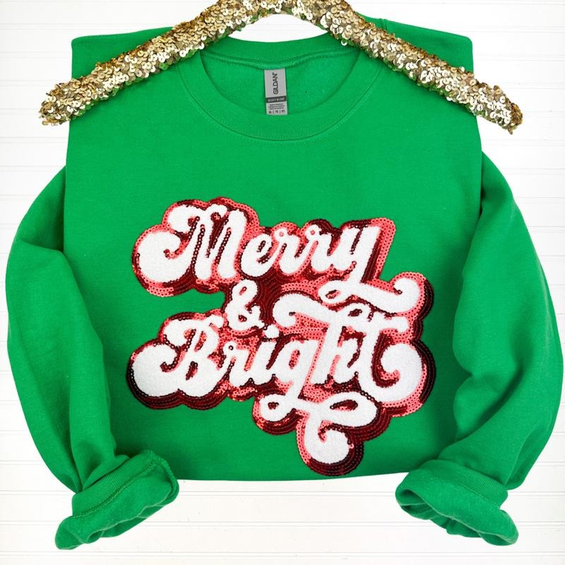 Merry & Bright Sequin Patch Sweatshirt T-Shirts, Hoodie | HypeCrazeTee.com