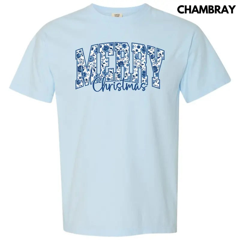 Merry Blue Floral Christmas Comfort Colors T-Shirt 'NLB' Hoodie, Sweatshirt | HypeCrazeTee.com