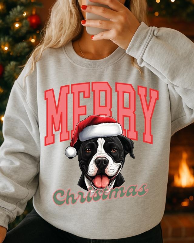 Merry Christmas Black and White Pitbull Sweatshirt, Christmas Dog, Festive Holiday Crewneck, Custom Sweatshirt T-Shirts,...