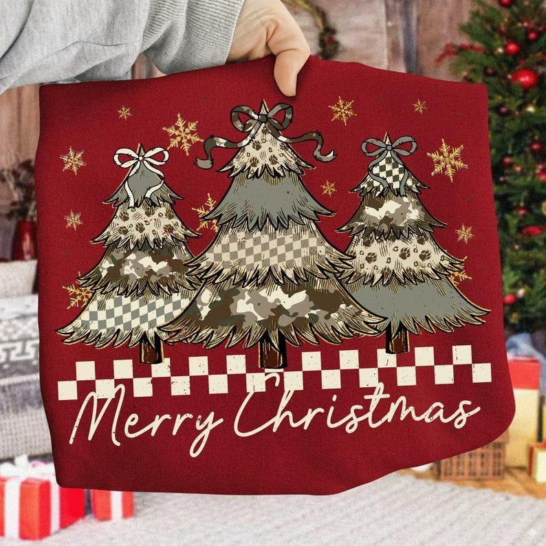 Merry Christmas Camo Xmas Tree Brushstroke Cozy Sweatshirt, Preppy Camo Coquette Bow Girly Xmas Shirt Hoodie