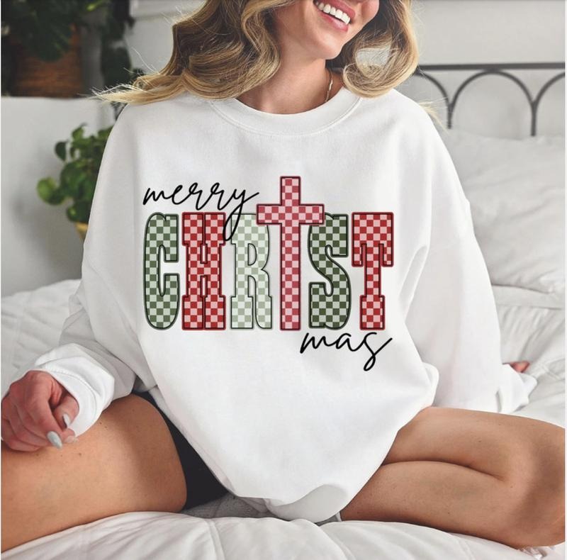 Merry Christmas Checkered Pattern Cozy Crewneck Sweatshirt, Christian Xmas Gift, Jesus Apparel T-Shirts, Hoodie