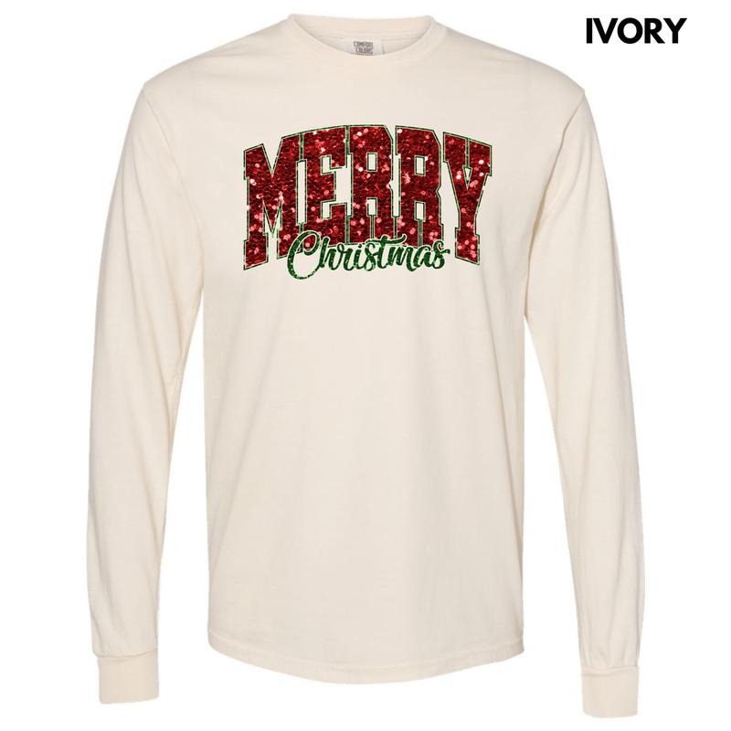 Merry Christmas FAKE Glitter Long Sleeve Comfort Colors T-Shirt 'NLB' Hoodie, Sweatshirt | HypeCrazeTee.com