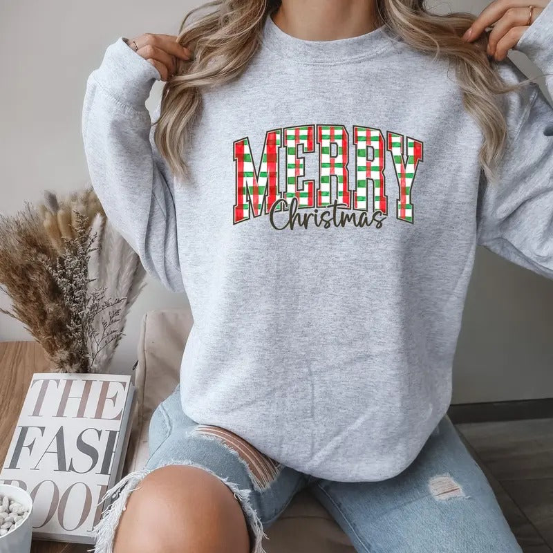 Merry Christmas Plaid design Crewneck Sweatshirt Comfortable Women T-Shirts, Hoodie | HypeCrazeTee.com