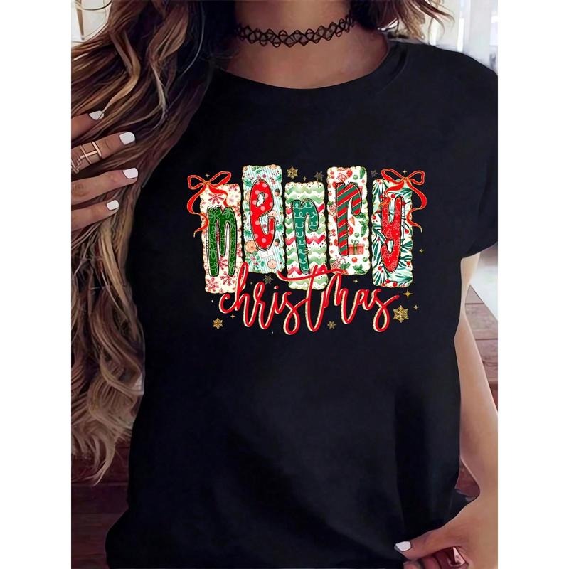 Merry Christmas T-Shirt Women's Festive Holiday Gift Box Design Christmas Sweater Top For Xmas Party Celebration Seasonal...