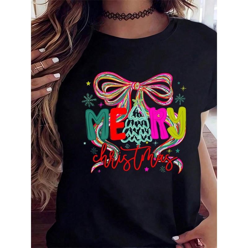 Merry Christmas T-Shirt Women's Festive Holiday Graphic Tee With Colorful Bow And Tree Design, Cute Xmas Top For...