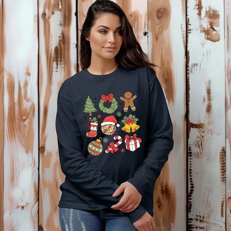 Merry Christmas Transfers, Christmas Print Sweatshirt, Casual Long Sleeve Sweatshirt, Women's Clothing, Christmas Tree...