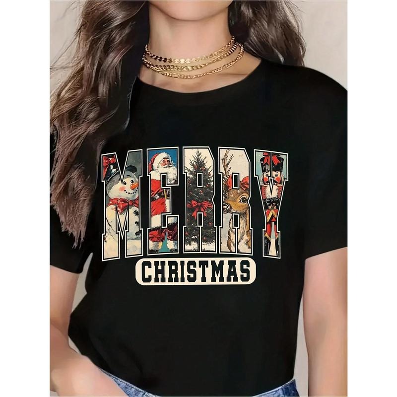 Merry Christmas Women's T-Shirt With Festive Holiday Design, Santa Claus And Snowman Print, Casual Christmas Top For...