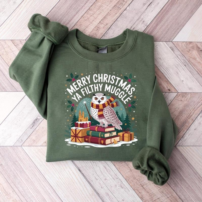 Merry Christmas Ya Filthy Muggle Sweatshirt, Funny Wizard Holiday Shirt, Cute Owl Christmas Tee, Magical Winter Sweater,...