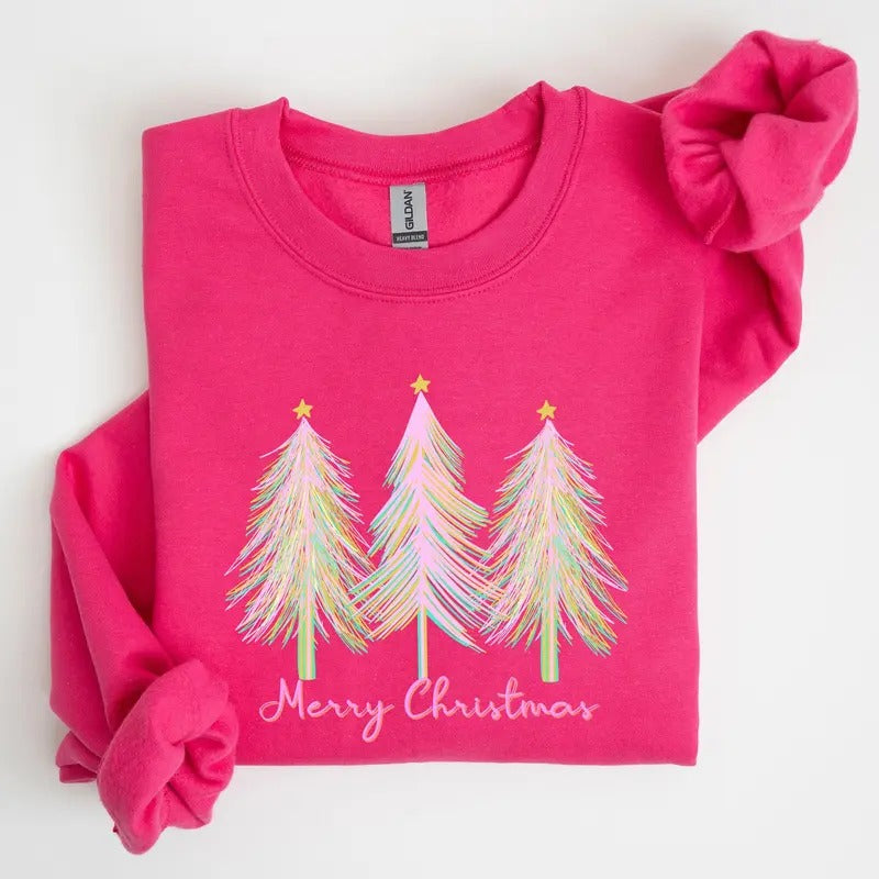 Merry Christmas, Pastel Trees, Winter, Santa, Xmas Sweatshirt, Women's Crew Neck, Crewneck T-Shirts, Hoodie