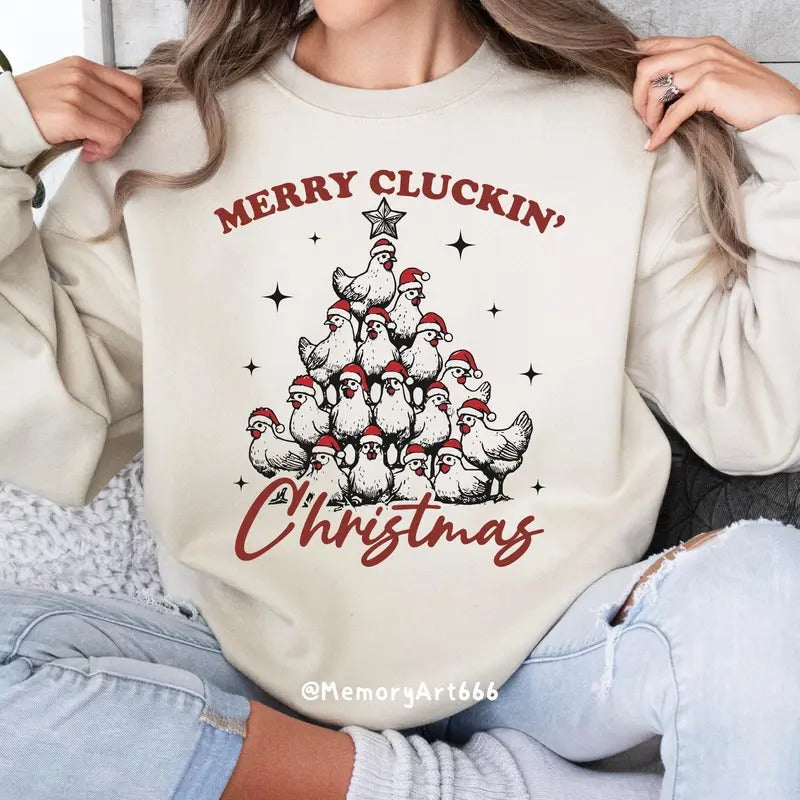 Merry Cluckin' Christmas Shirt, Christmas farmhouse, Funny Trendy Merry Christmas Chickens Hoodie, Sweatshirt