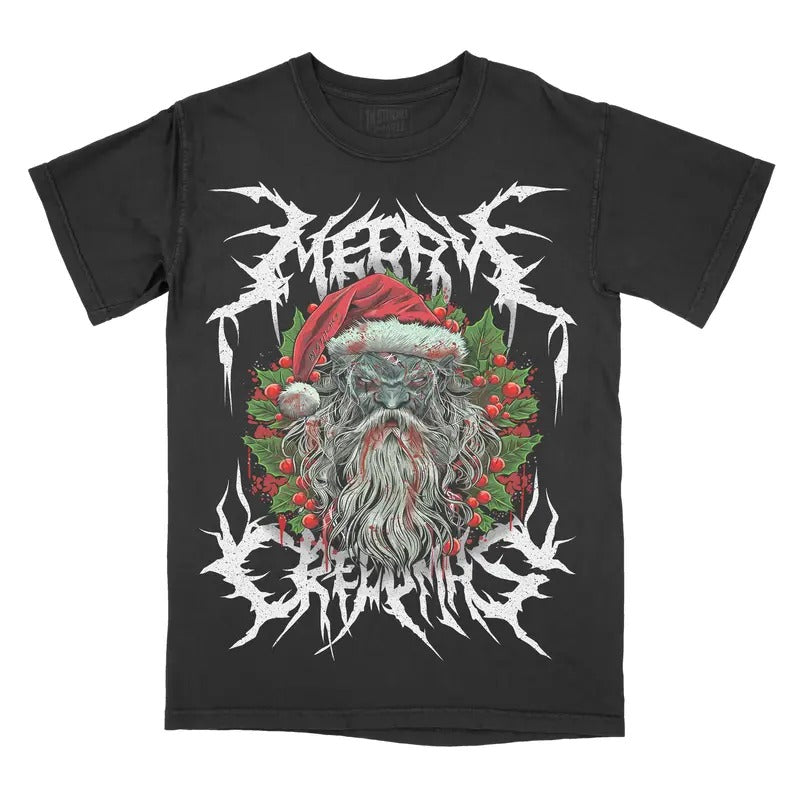 Merry Creepmas Graphic Tee - Comfort Colors Shirt Metal Santa Christmas Unisex Top Hoodie, Sweatshirt | HypeCrazeTee.com