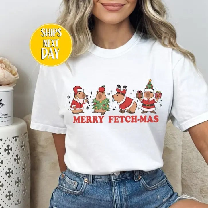 Merry Fetch Mas Capybara Santa Claus T-Shirt, Funny Animal T Shirt Hoodie, Sweatshirt | HypeCrazeTee.com
