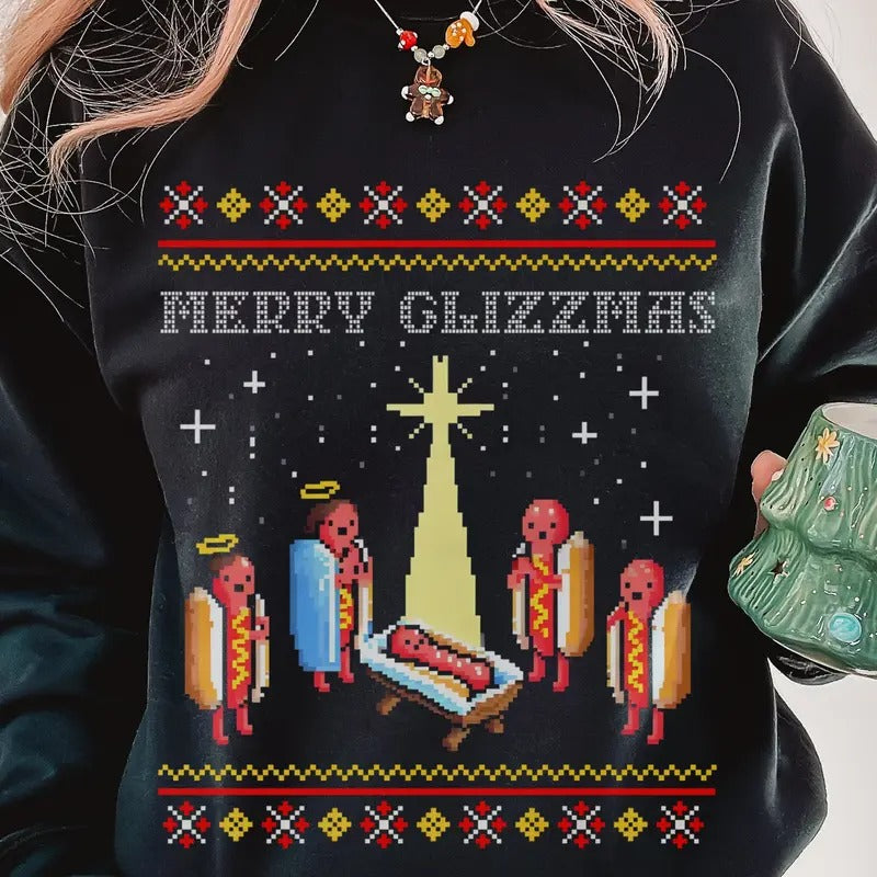 Merry Glizzmas Tshirt Sweatshirt, Funny Christmas Sweatshirt, Funny Hot Dog Shirt, Unisex Sweater Pullover Tee Hoodie