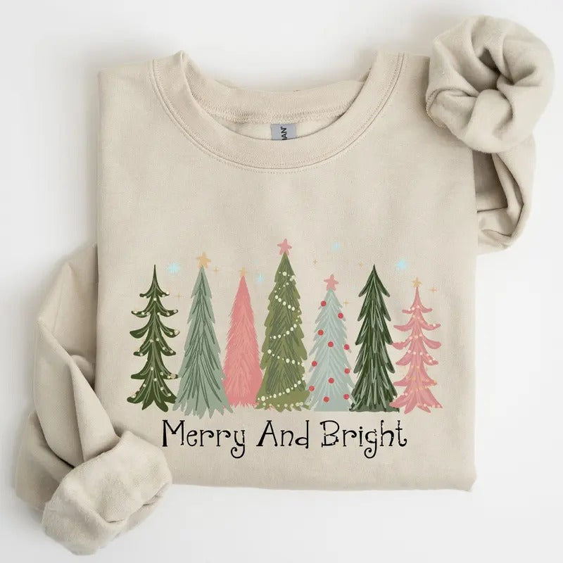 Merry and Bright, Christmas Trees, Winter, Snow, Xmas Sweatshirt, Women's Crew Neck, Crewneck T-Shirts, Hoodie