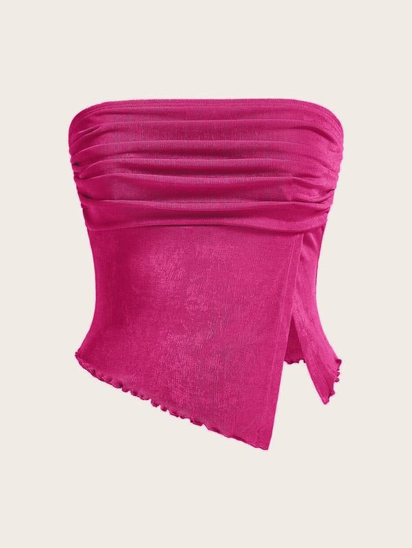Mesh Tube Tops Split Hem Going Out Strapless Bandeau Tops Ruched Tank Shirts T-Shirts, Hoodie, Sweatshirt
