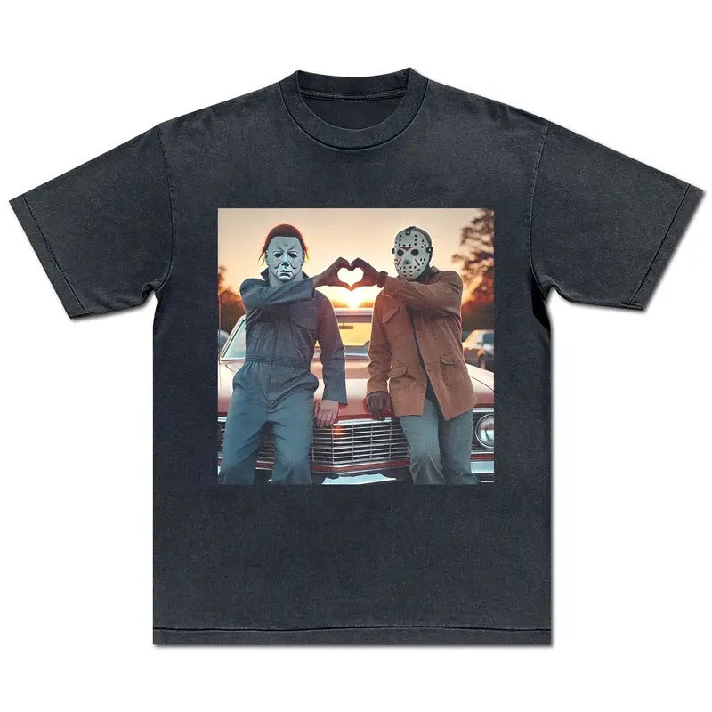 Michael Myers and Jason Heart Hands Shirt Halloween Scary Movie T-Shirt Slasher Film Birthday Gift 70s 80s 90s Vintage...