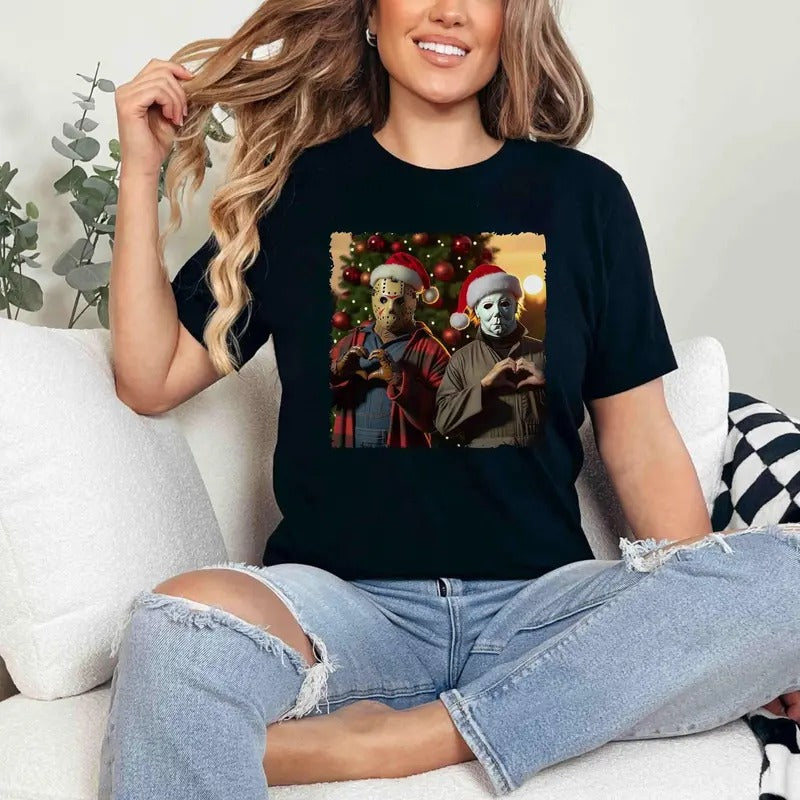 Michael and Jason Christmas Shirt, Horror Holiday Duo, Killer Christmas Shirt, Funny Slasher Santa Tee, Horror Icons...