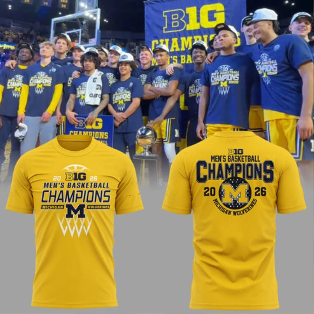 Michigan Wolverines B10 MBB Champions Yellow Logo Two-Sided Graphic T-Shirt