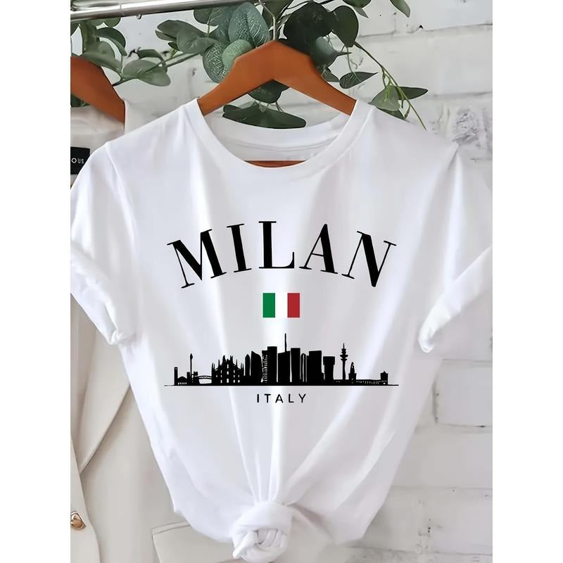 Milan Italy Letter Print T-shirt, Short Sleeve Crew Neck Casual Top For Summer & Spring, Women'S Clothing Hoodie, Sweatshirt