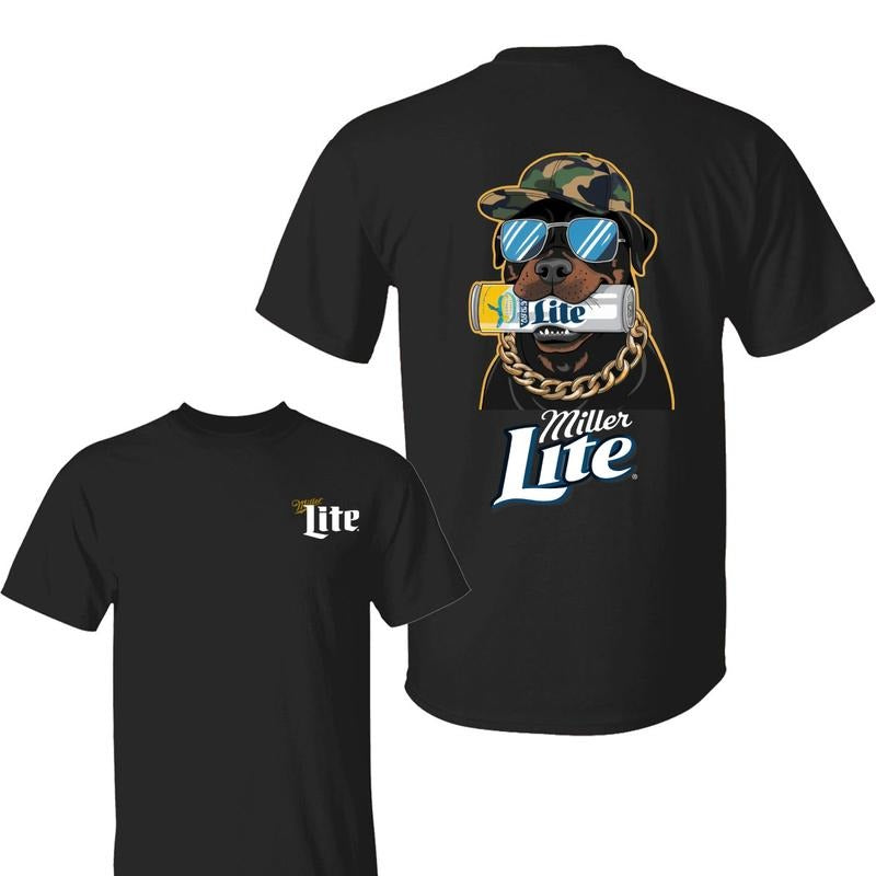 Miler Lite Dog T-Shirt, Bold Rottweiler Graphic with Sunglasses, Beer Can, and Hip Style, Ideal for Beer Fans and Dog...