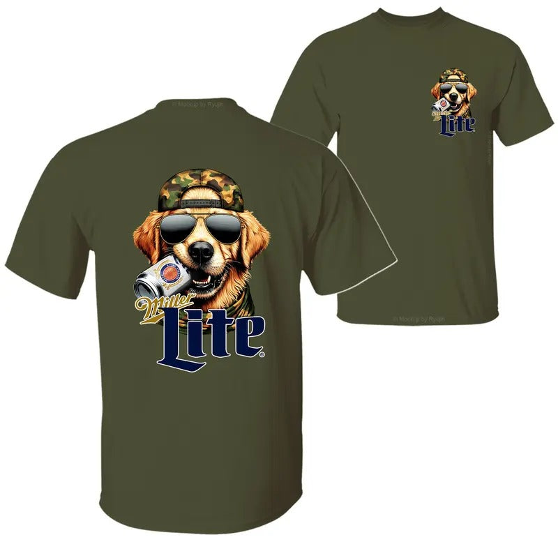 Miler Lite Golden Retriever Hunting Dog Biting a Lite Beer Can 2 Sided Graphic Printed Unisex Classic Cotton T-Shirt...