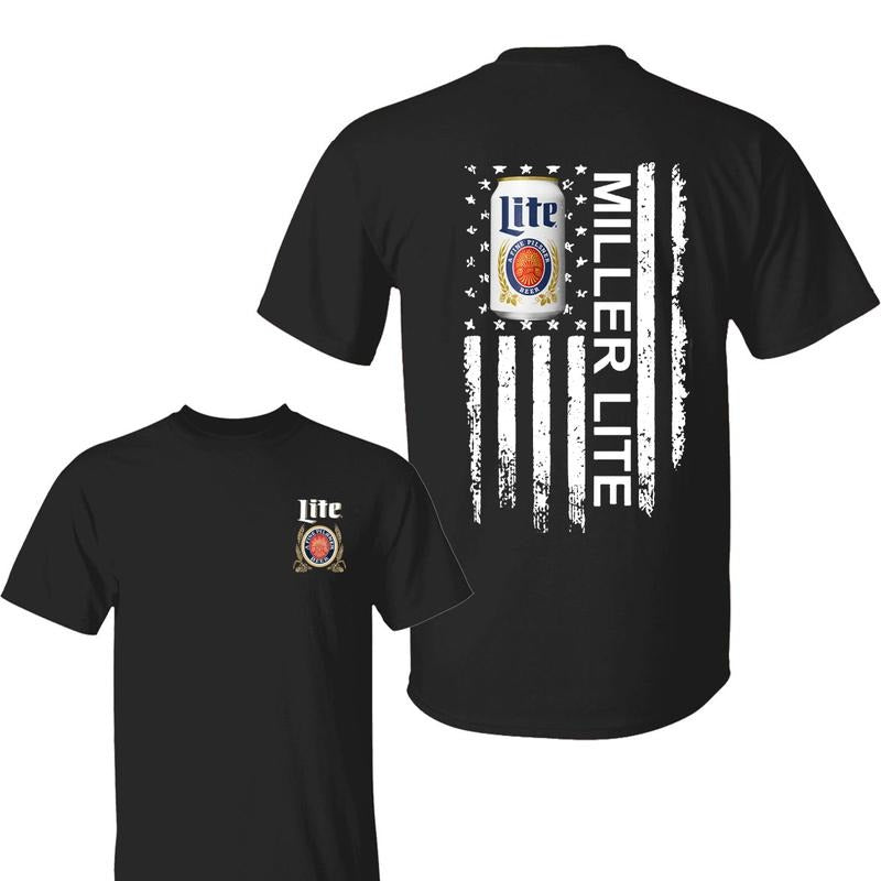 Miler Lite T-Shirt, Patriotic Design Featuring Iconic Beer Can Graphics and American Flag, Perfect for Beer Lovers and...