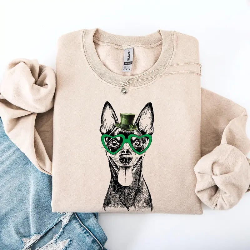 Miniature Pinscher, Min Pin, Adorable Dog, St Patrick's Day, Lucky, Irish Sweatshirt, Crew Neck, Women's, Crewneck...